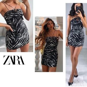 Zara black white zebra animal print strappy halter top mini dress Sz S